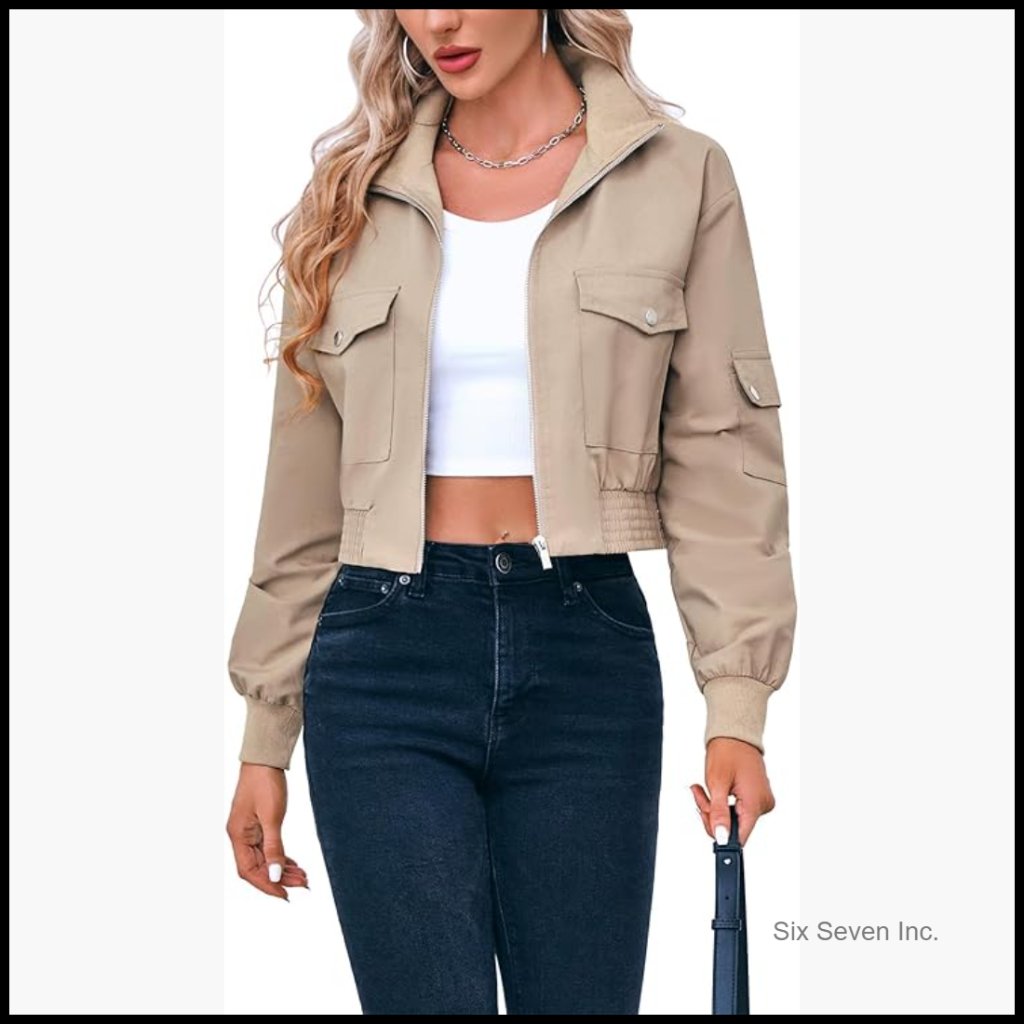 Lightweight Polyester Cropped Bomber Jacket With Zip And Pockets